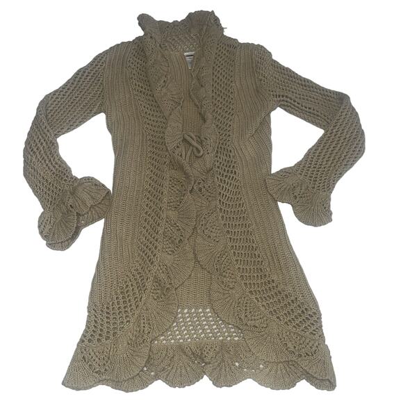 No Boundaries Sweaters - Y2K Ruffle Tan Tie Front Cardigan Midi Length Medium
